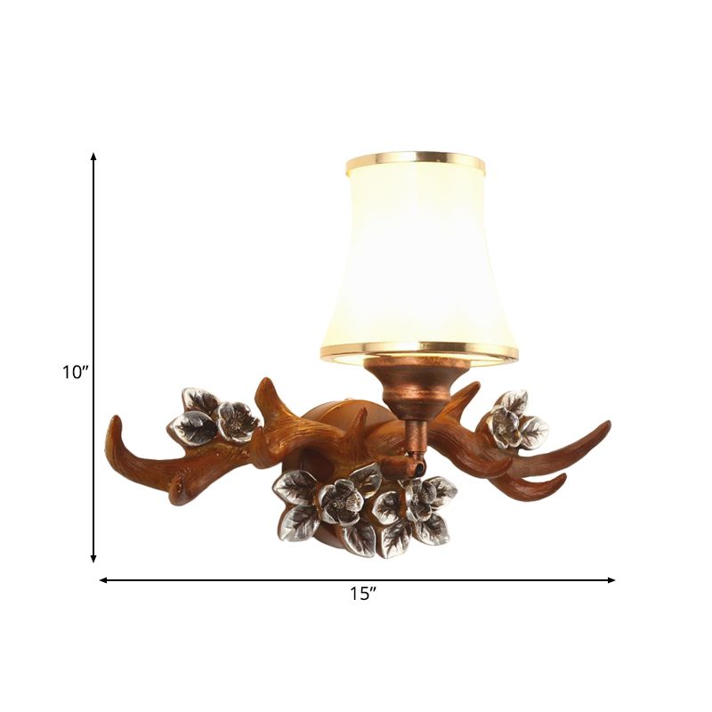 Brown Antler Sconce Lighting Rustic 1-Light Resin Wall Mounted Lamp with Flared Opal Glass Shade
