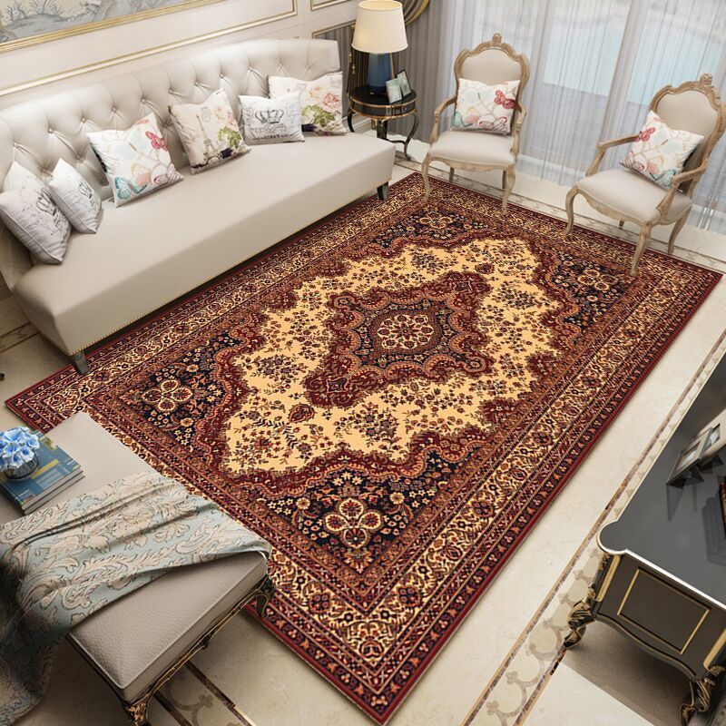 Mid-Century Washable Carpet Medallion Print Rug Polyester Anti-Slip Backing Carpet for Home Decor
