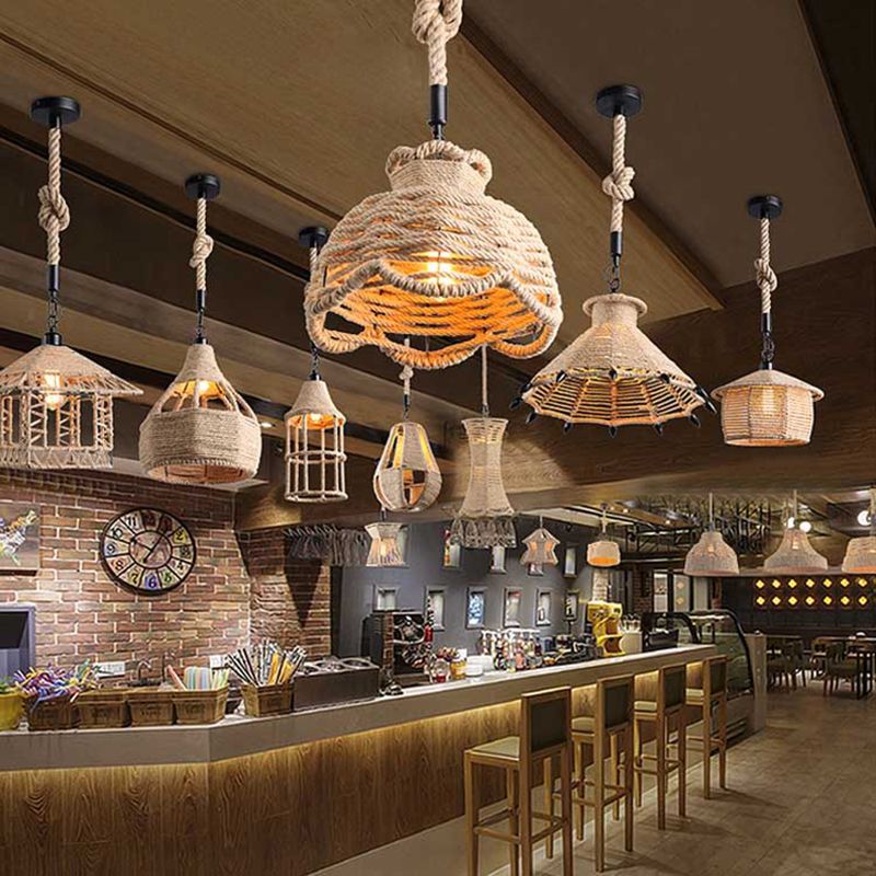 Beige schaduw hanglamp verlichting armatuur magazijnstijl touw 1-licht restaurantophanging licht