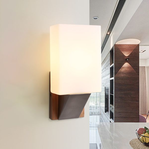 Modern Concise 1-Light Wall Lamp Wooden Geometric Wall Sconce with Glass Shade