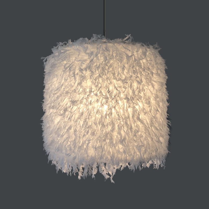 Nordic 1 Bulb Ceiling Suspension Lamp Pink/White Cylindrical/Drum Drop Pendant with Feather Shade, 5.5"/8"/14" W