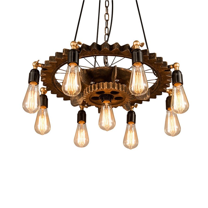2 Tiers Gear Restaurant Chandelier Light Antique Metallic 9-Bulb Rust Suspended Lighting Fixture