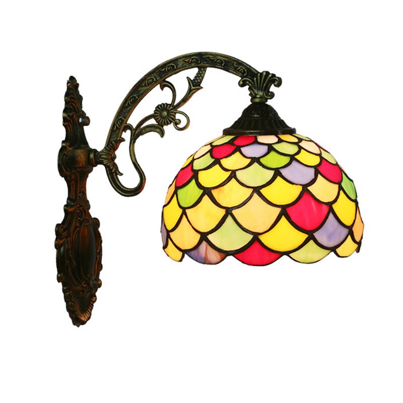 Fishscale Stained Art Glass Wall Lamp Tiffany 1 Bulb Brass Wall Sconce Light with Curved Arm