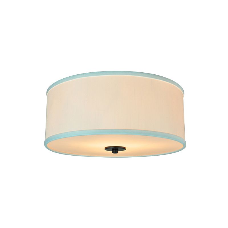 Drum Shade Flush Light Modern Fabric 5 Bulbs 16"/19.5" Wide Bedroom Ceiling Mount Fixture in Grey/White with Green Rim