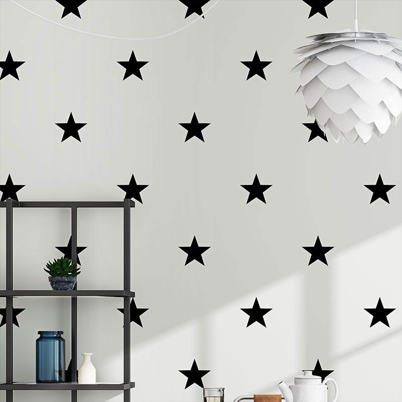 Minimalist Star Wall Covering in Black and White Children's Bedroom Wallpaper Roll, 20.5-inch x 33-foot