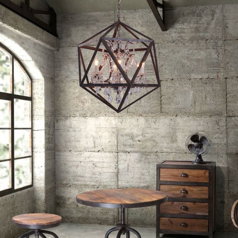 6 Bulbs Geometric Chandelier Light Traditional Rust Metal Hanging Ceiling Fixture with Clear Crystal Drop