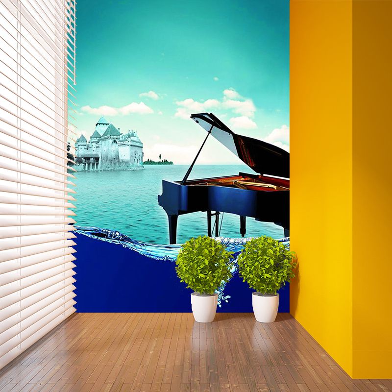 Mediterranean Sea Piano Mural Decal Aqua Stain Resistant Wall Covering for Bedroom