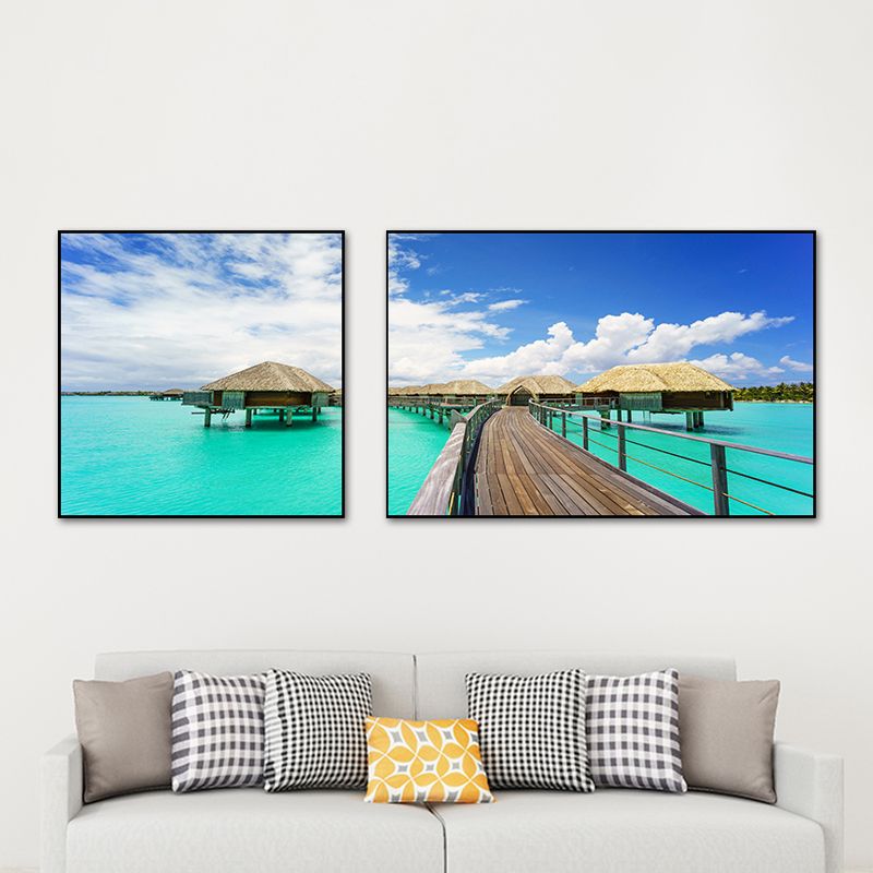 Tropics Sea Bridge Scenery Canvas Pastel Color Multi-Piece Wall Art Print for Living Room