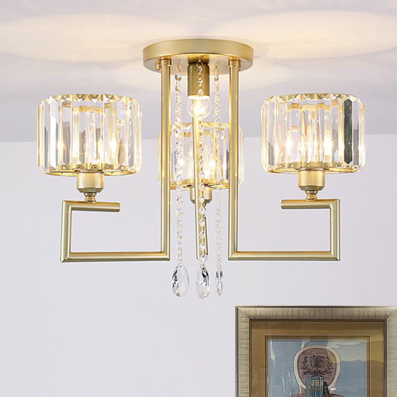 Modern 3/6 Lights Flush Mount Chandelier with Clear Crystal Shade Cylinder Ceiling Light Fixture in Gold Finish