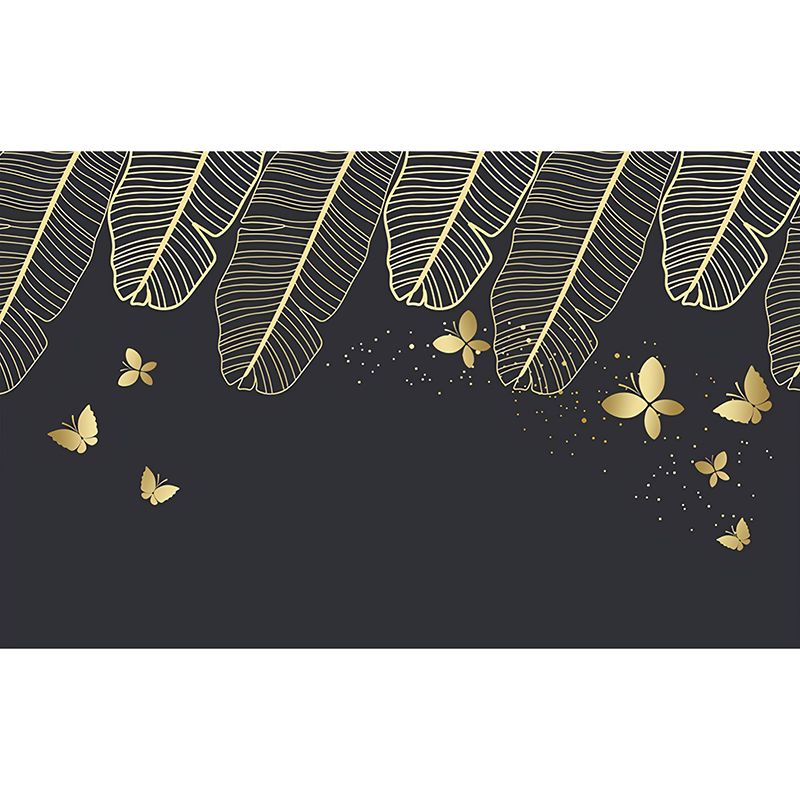 Big Illustration Style Leaf Mural for Living Room in Gold and Black, Personalized Size Available