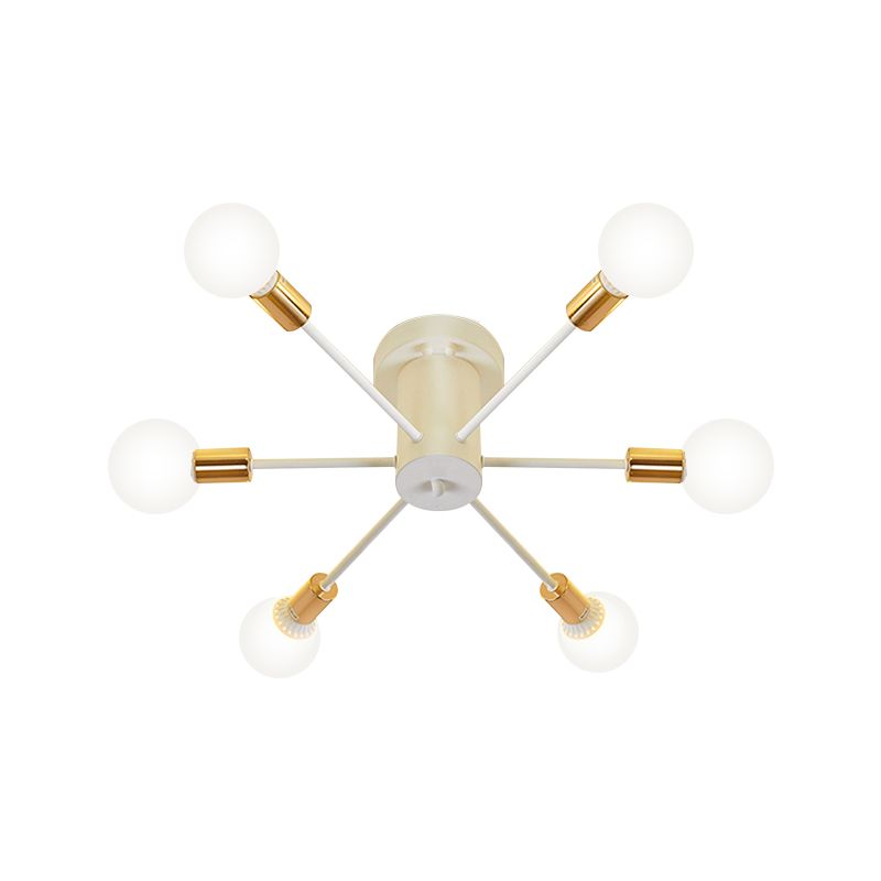 6/8 Heads Bare Bulb Semi Flush Mount Light Vintage Style Black/White Metallic Ceiling Light Fixture for Kitchen