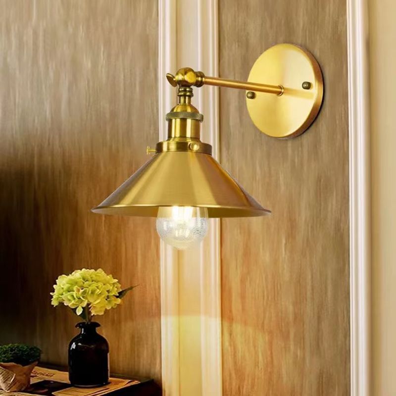 Industrial Style Cone Wall Sconce Metal 1 Light Sconces in Gold for Living Room