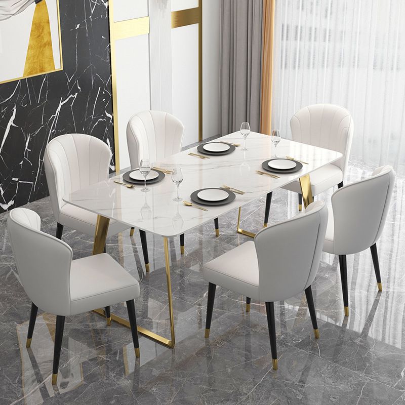Traditional Luxury Rectangle Dining Table White Sintered Stone Table with Gold Double Pedestal