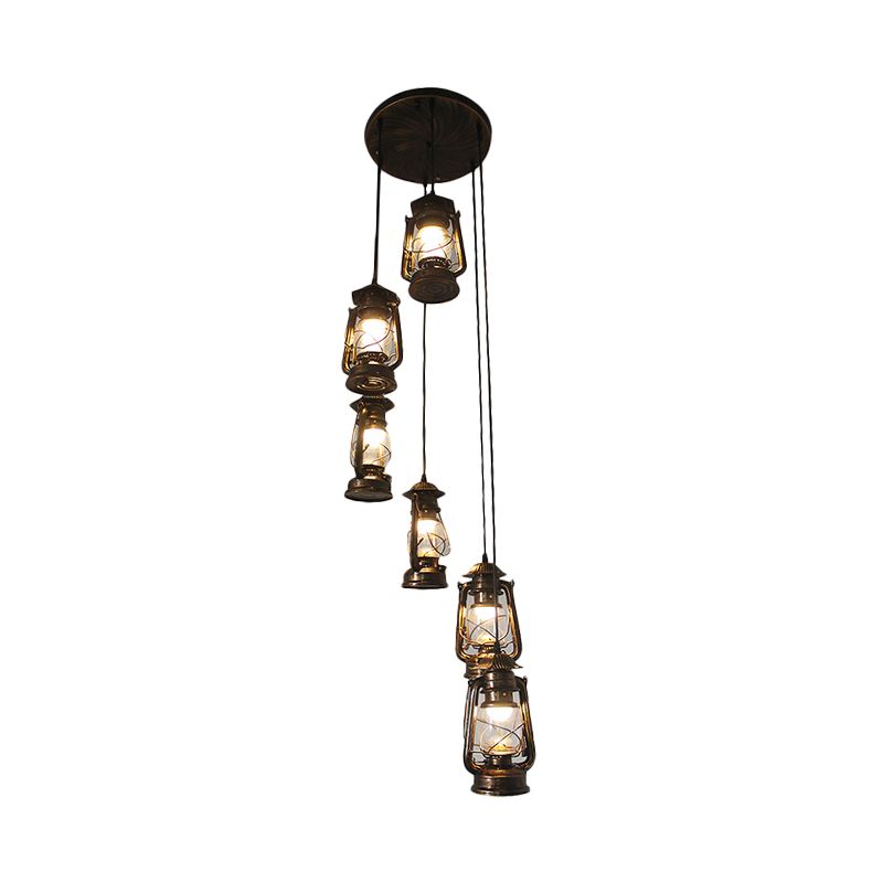 6 Bulbs Metallic Hanging Lamp Contemporary Bronze Lantern Stair Multi Light Pendant