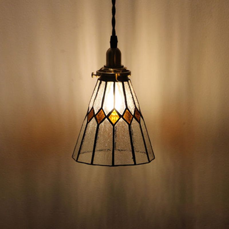 Vintage Conical Pendant Lamp 1-Light Tiffany Glass Hanging Light Fixture in Brass