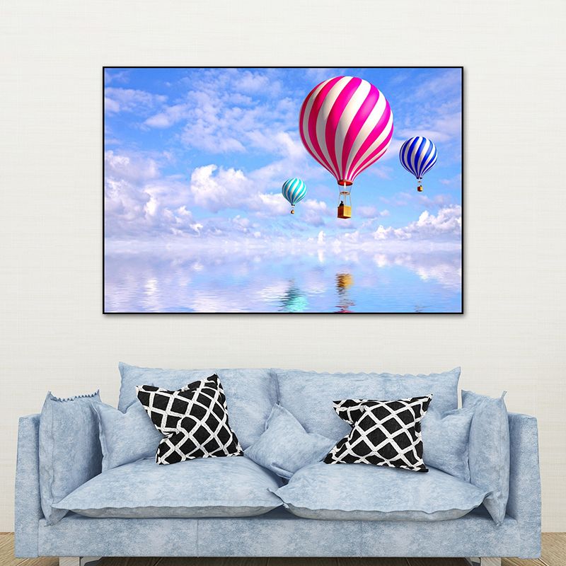 Canvas Pastel Wall Art Cartoon Scenery with Hot Air Balloon Wall Decor for Bedroom