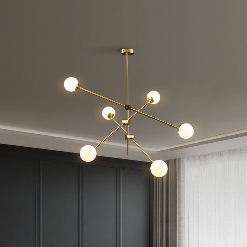 Rotatable 3-Arm Chandelier Minimalism White Ball Glass 6 Bulbs Gold Suspension Pendant Light