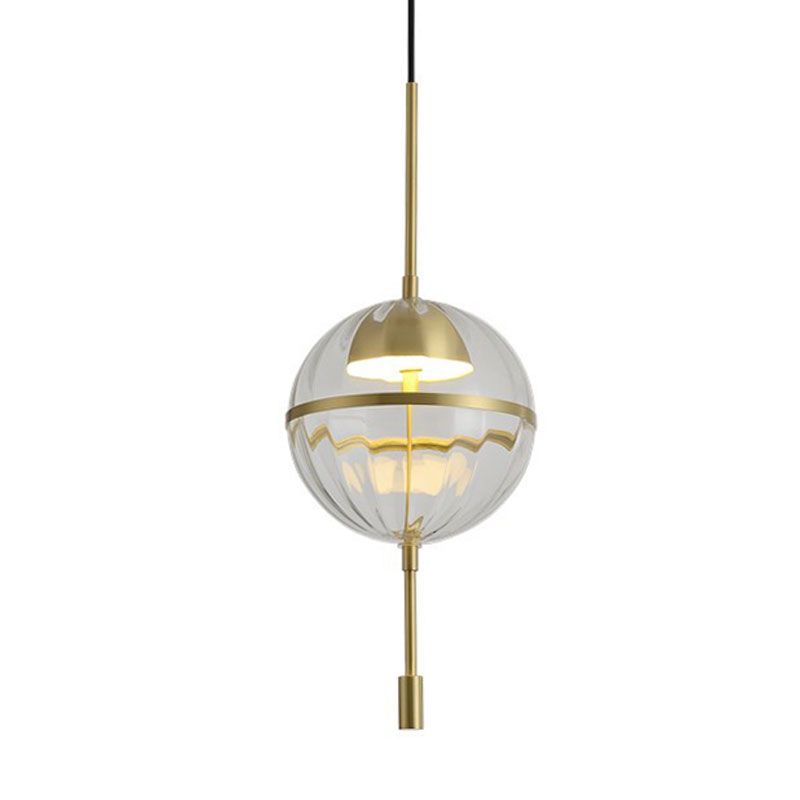 Spherical Ribbed Glass Hanging Light Kit Postmodern Gold LED Ceiling Pendant Lamp