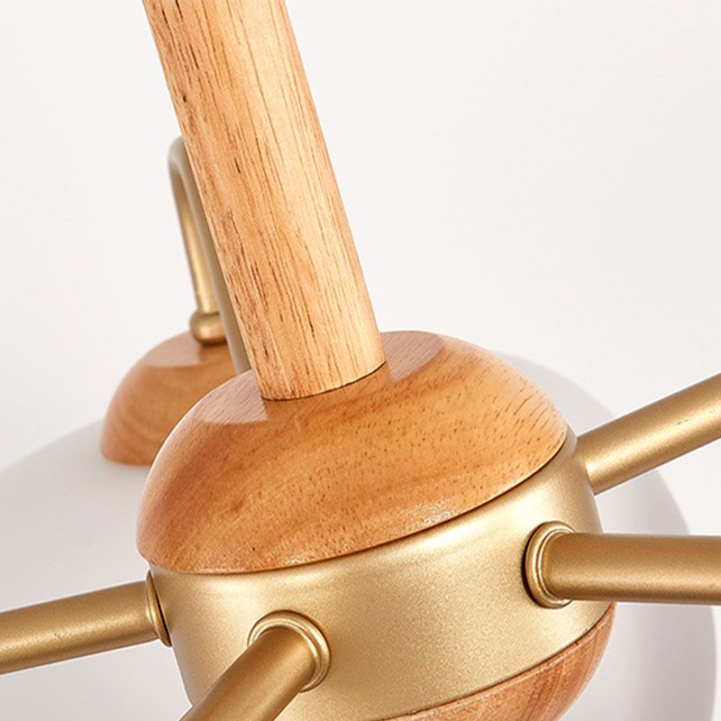 Solid Wood Domed Chandelier Lighting Nordic Hanging Light with White Glass Shade