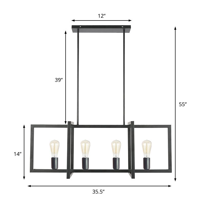 Black 4 Heads Isola Pendant Industrial Metal Rettangolo A sostenere il soffitto per soggiorno