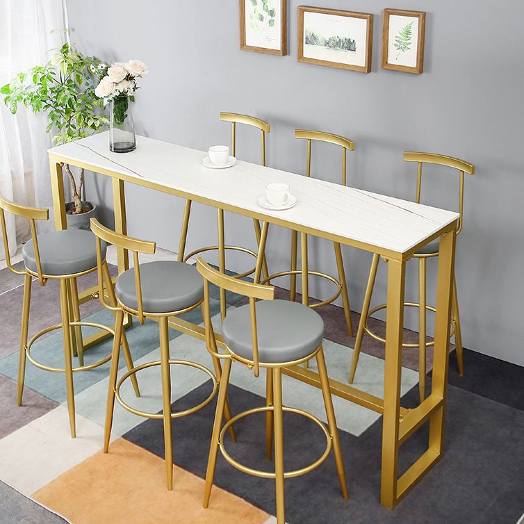Glam Rectangle Stone Pub Bar Table Gold Iron Bar Dining Table with Trestle Pedestal