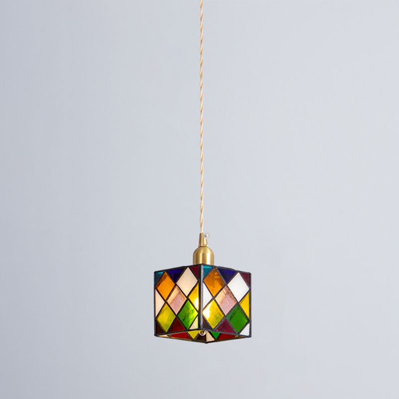 Buntglas quadratischer Anhänger Lampe Tiffany Style 1 Kopf Messing Hängende Leuchte