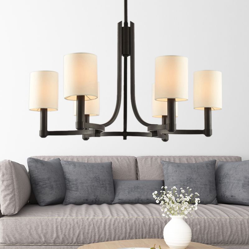 White Cylindrical Chandelier Lamp Traditional Fabric 6 Lights Living Room Hanging Light