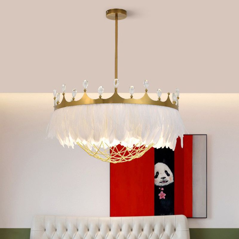 Artistic Crown Shaped Ceiling Light Feather 1 Head Girls Bedroom Hanging Lamp with Chain Net and Crystal