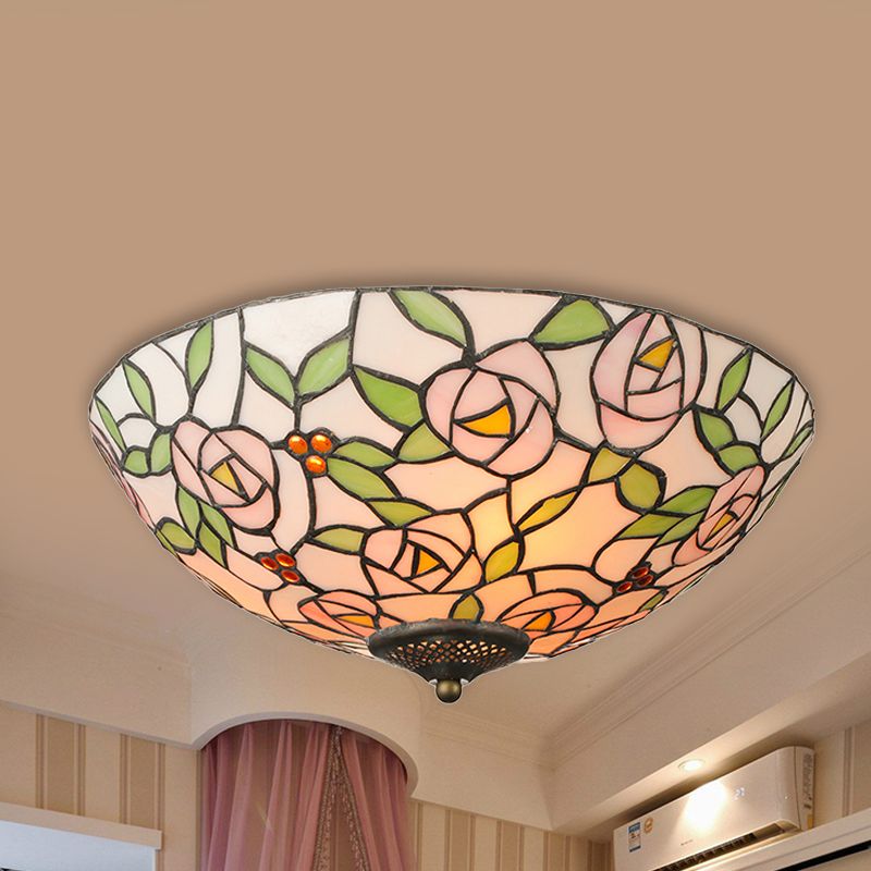 Bowl Flushmount Light Tiffany Style Stained Glass 3 Lights Flower Flush Mount Ceiling Fixture in Multicolor