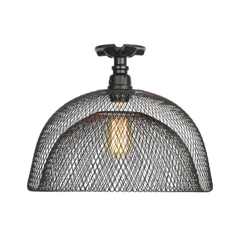 1 Bulb Saucer/Barrel Semi Flush Light Industrial Stylish Black Finish Metal Ceiling Mounted Light with Mesh Screen