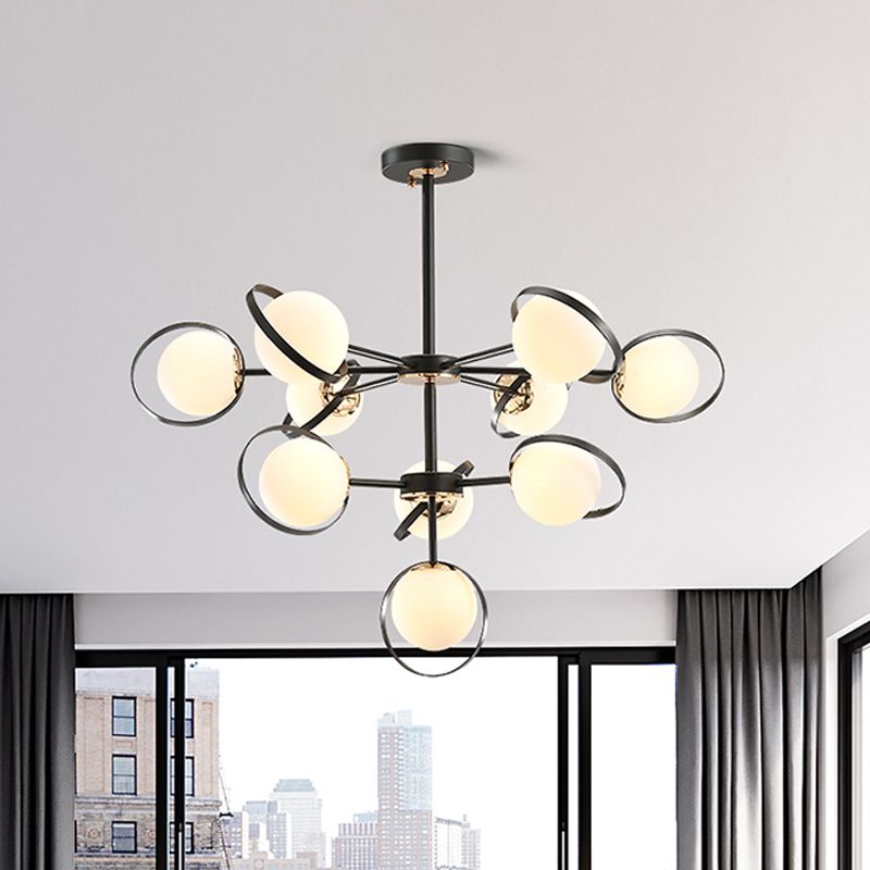 Opal Glass a 3 livelli Modo a pendente illuminazione moderno lampadario appeso a 10 teste in nero con dettagli ad anello