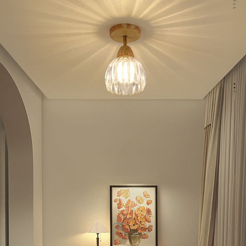 Nordic Flush Mount Flower Ceiling Light Fixture with Wood and Glass for Hallway
