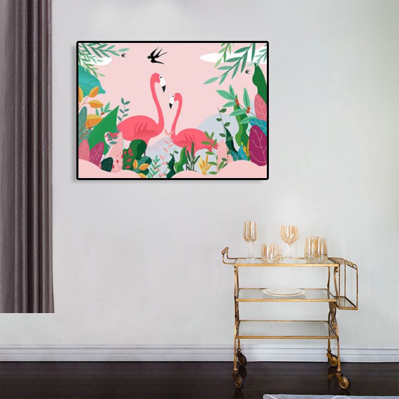Flamingo and Plant Wall Art Tropical Textured Living Room Canvas Print in Pastel Color