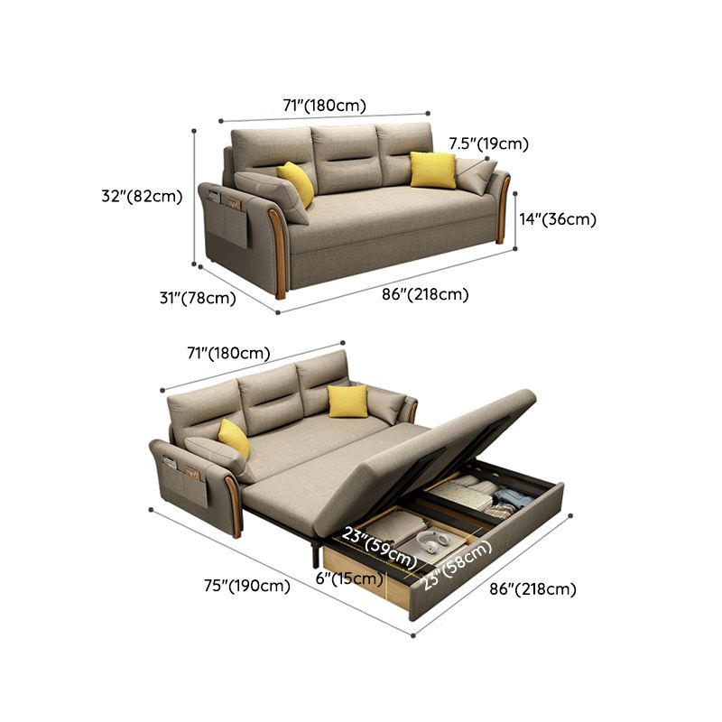 Convertible Flared Arm Sofa Bed Linen Sofa Bed in Brone for 3 peopl