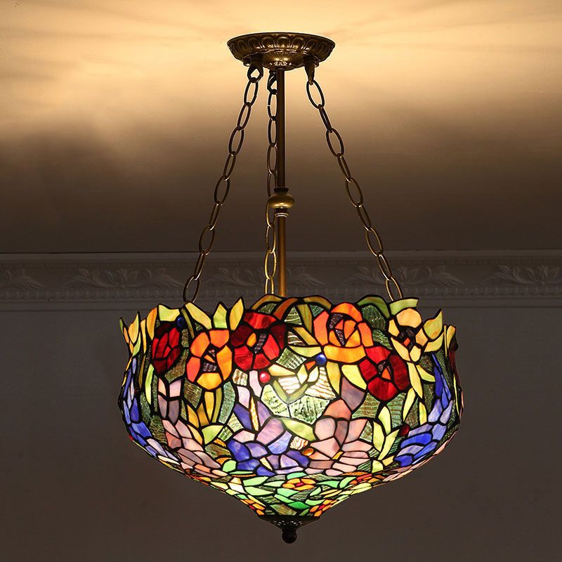 Bowl Shade Suspension Lighting Stained Art Glass Tiffany-Style Pendant Ceiling Light
