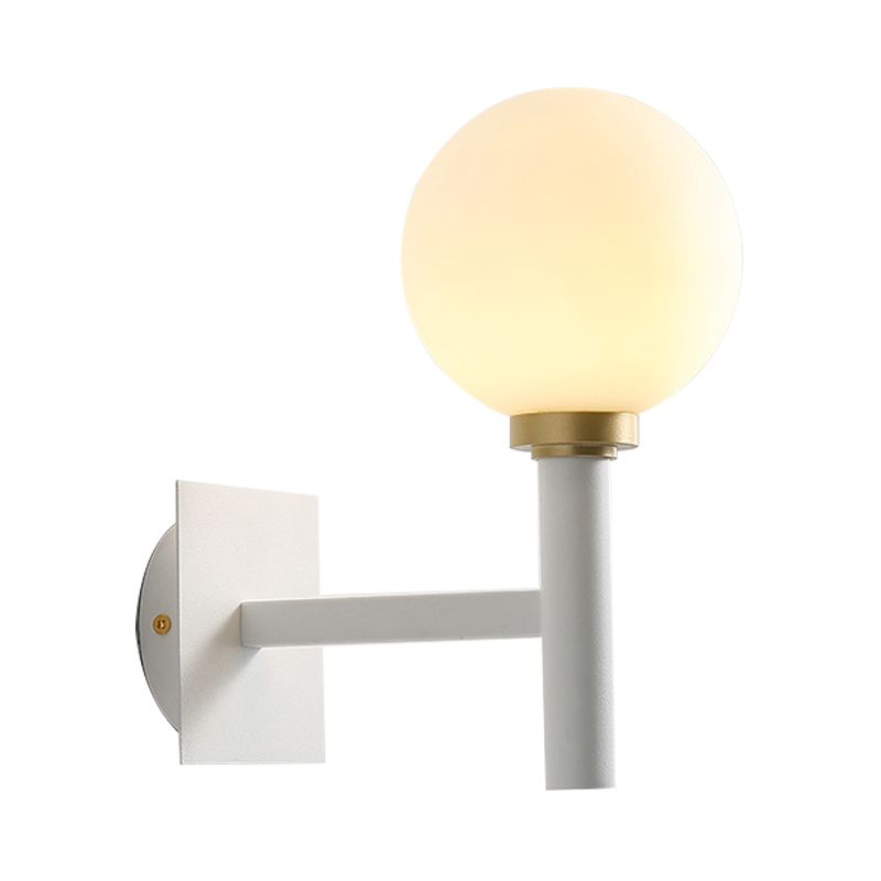 Metal Armed Wall Lamp Minimalist 1 Bulb White Sconce Light Fixture with Opal Glass Shade