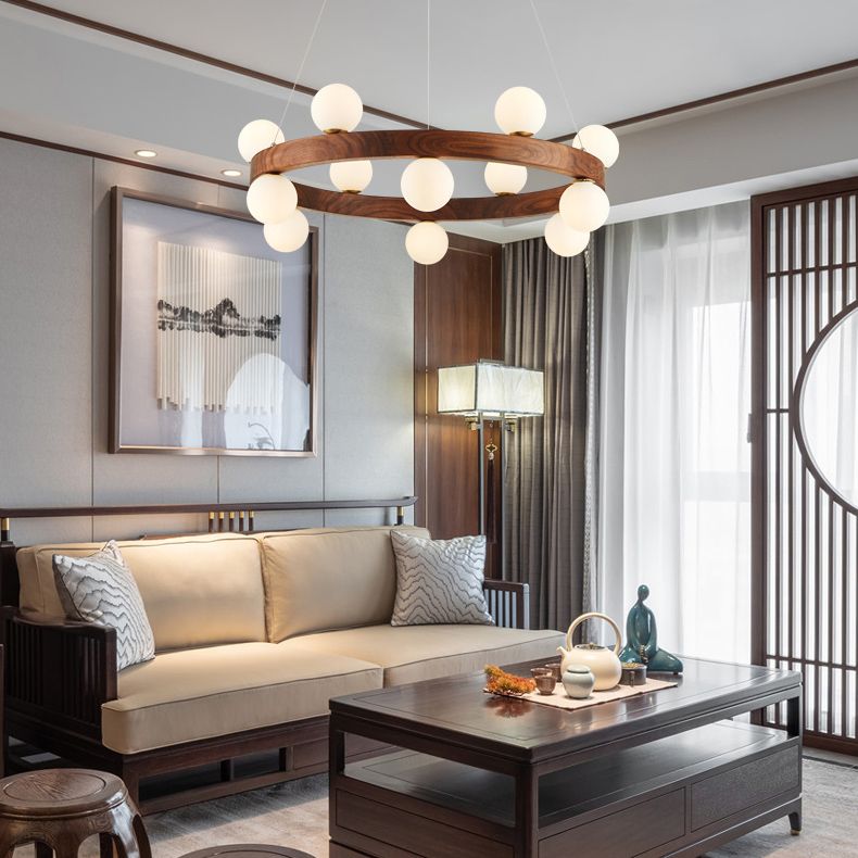 Nordic Minimalist Circular Chandelier Lamp Wood Hanging Pendant Lights for Restaurant