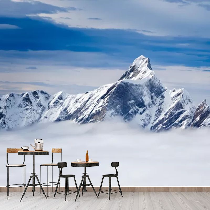 Huge Winter Scene Wall Mural Modern Beautiful Snowy Peak Above the Cloud Wall Art in Blue-White