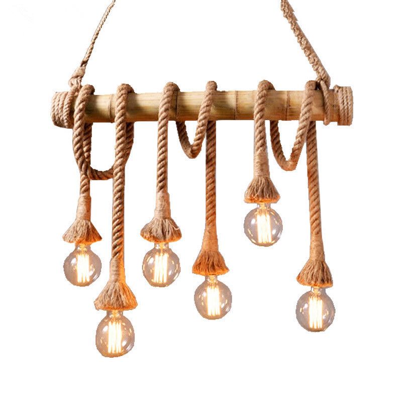 Suspension Lighting Rustic Bare Bulb Rope Pendant Light with Bamboo Pole in Wood