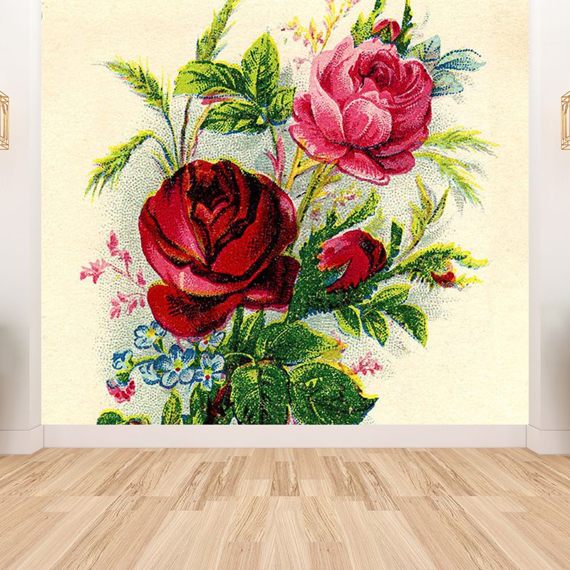Modern Rose Blossom Mural Decal Green Stain Resistant Wall Covering for Bathroom