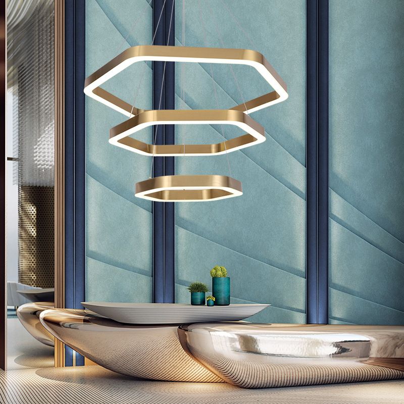 Modern Hexagon Chandelier Light Fixtures 3-Tier Hanging Pendant Lamps with White Acrylic Shade