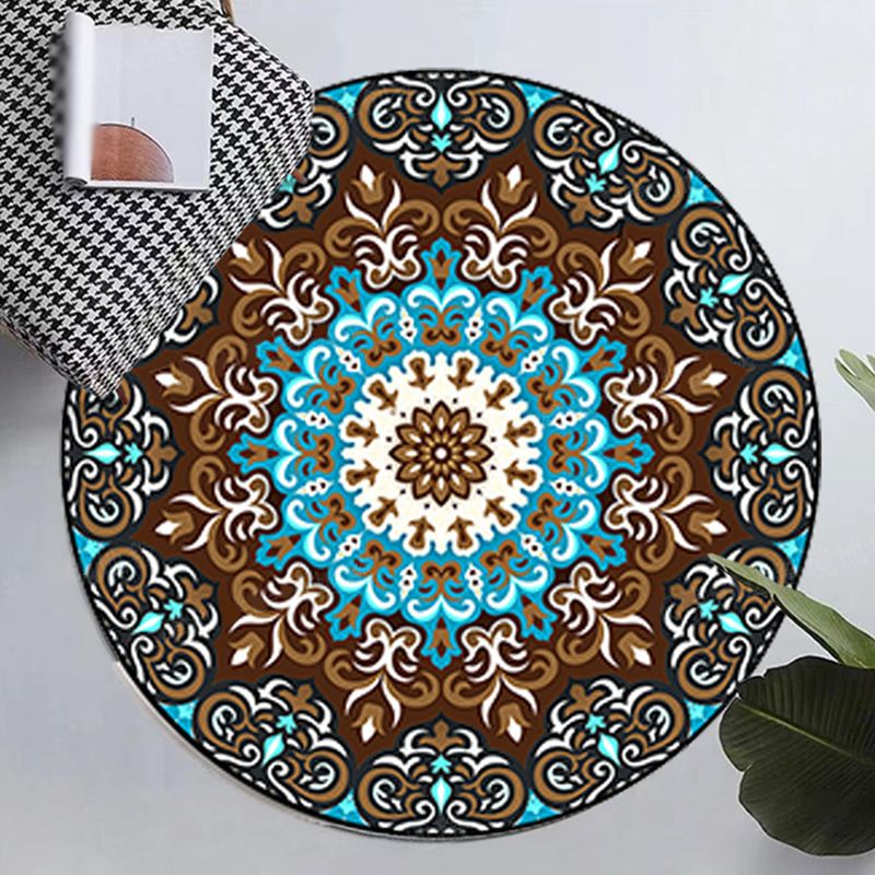 Victorian Round Washable Rug Moroccan Medallion Print Rug Polyester Non-Slip Carpet for Living Room