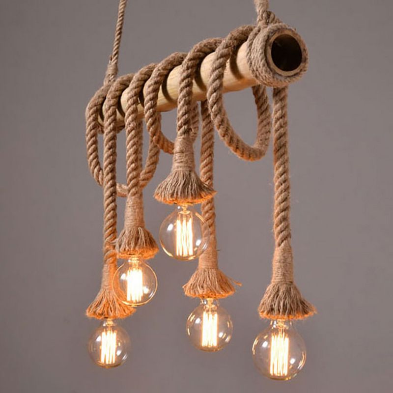 Vintage Hemp Rope Chandelier Industrial Retro Linear Exposed Bulb Bamboo Pendant for Restaurant