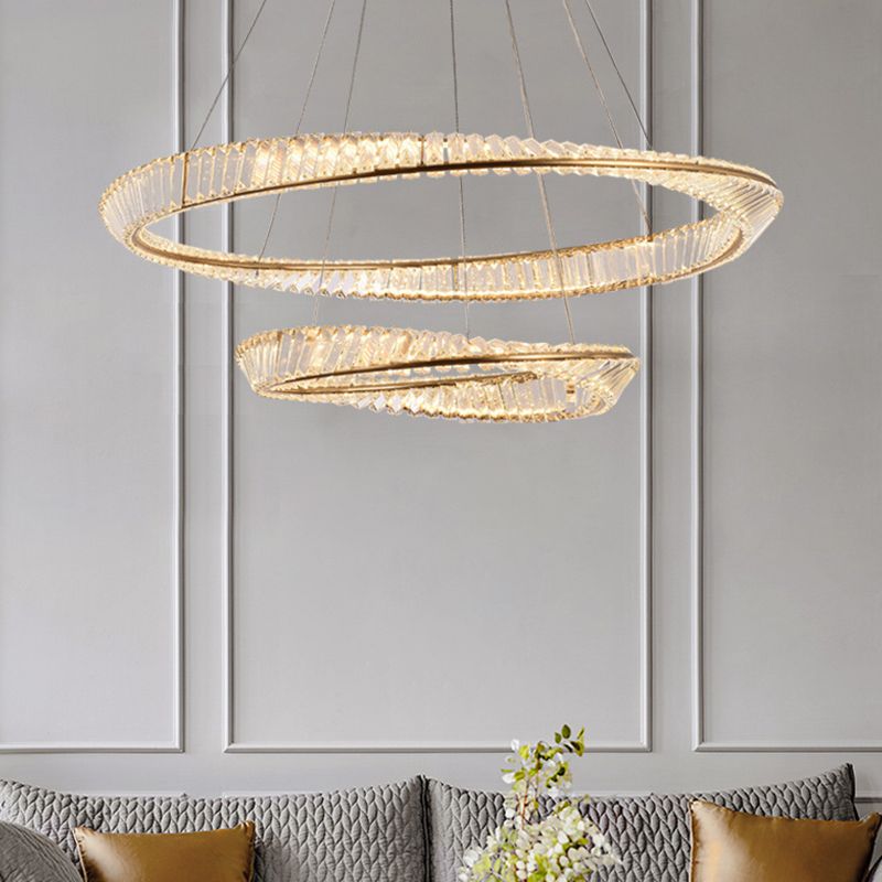Modern Luxury LED Pendant Light Wrought Iron Circular Hanging Lamp with Crystal Shade