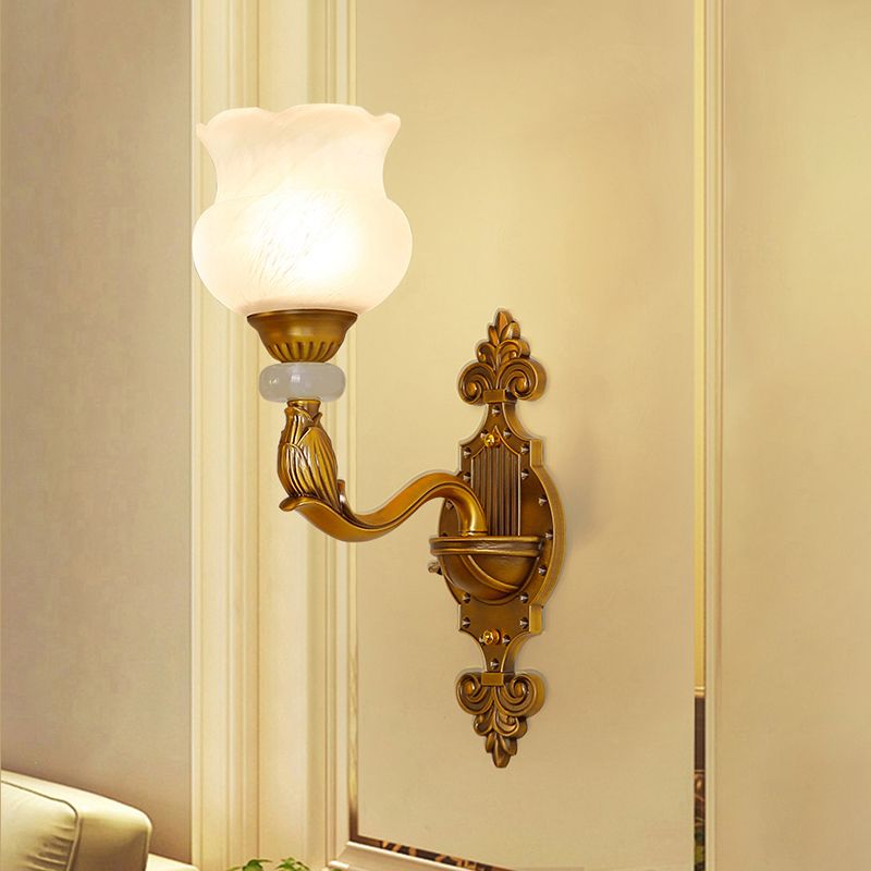 1/2-Bulb Floral Wall Light Fixture Classic Style Milk Glass Sconce Lamp with Brass Carved Backplate