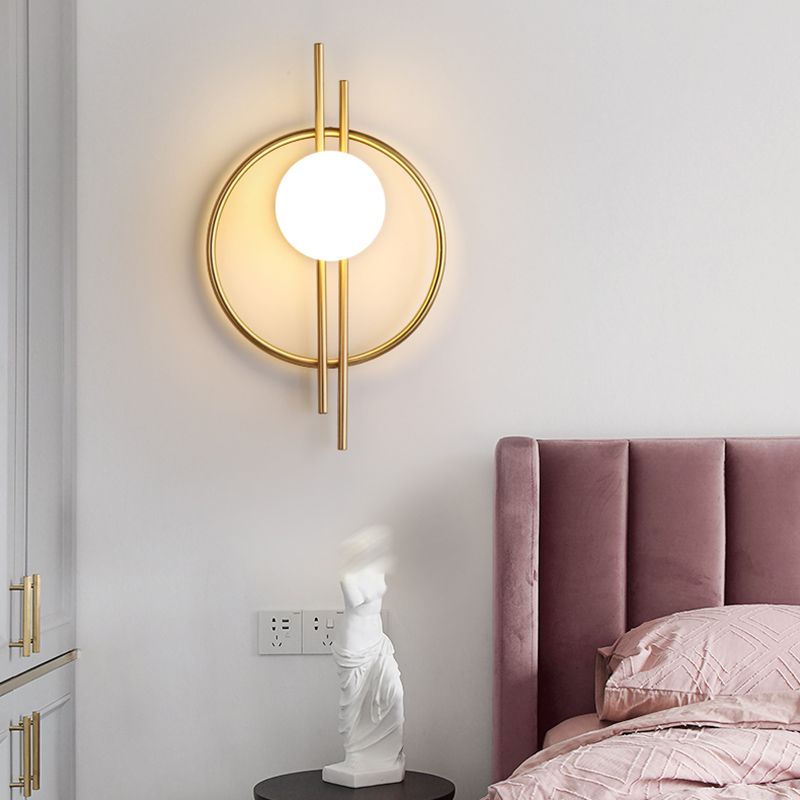 Nordic Style Iron Wall Light Circle Shape LED Wall Lamp with Glass Shade for Bedroom