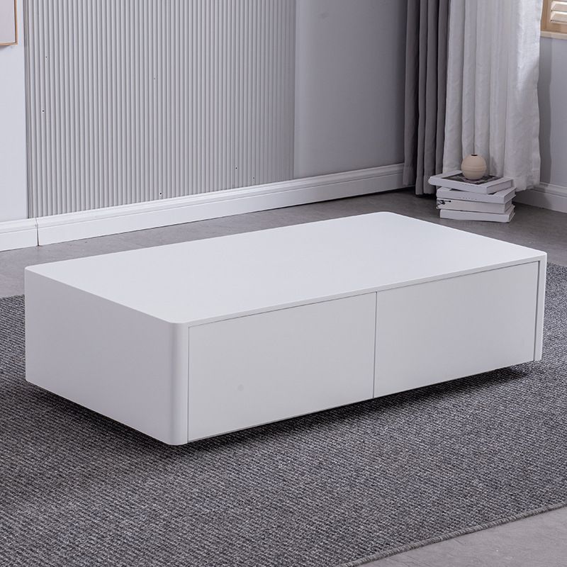 4 Drawers Contemporary Coffee Table in White Solid Wood 13.8" H Cocktail Table