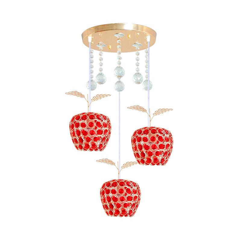 Apple Shaped Multi-Pendant Modernism Red Crystal Encrusted 3-Light Gold Suspension Lamp