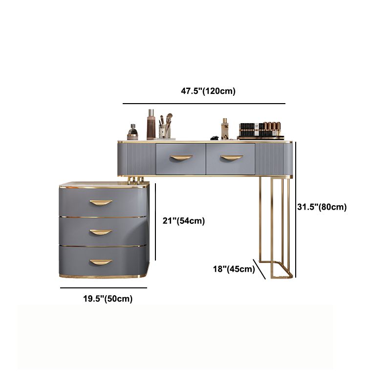 Solid Wood Drawers Vanity Set with Stone Top & Padded Stool in Grey