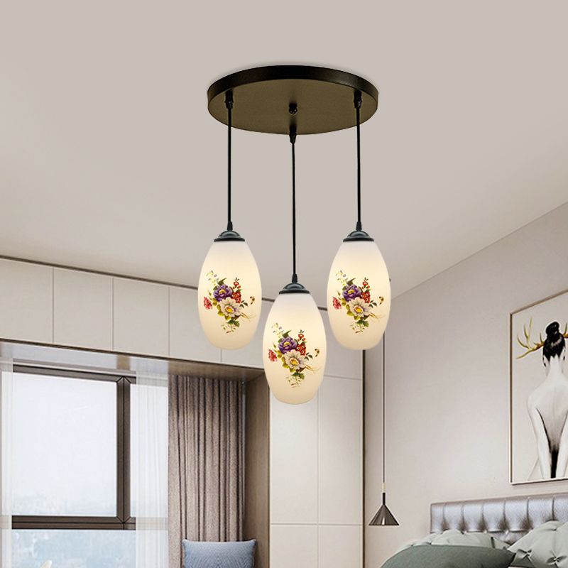 3 Lights Oval Multi-Pendant Modern Black Finish White Printed Glass Ceiling Hang Fixture with Round/Linear Canopy